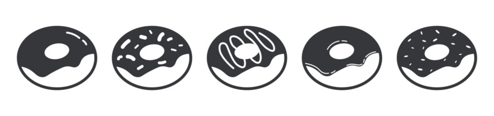 Bundle collection of donut pictogram icons featuring assorted toppings including chocolate, nuts, sprinkles, and cheese, perfect for bakery design projects.