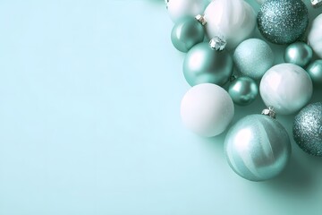 Several pastel blue and white Christmas ornaments are clustered together in the upper right corner against a light blue background.