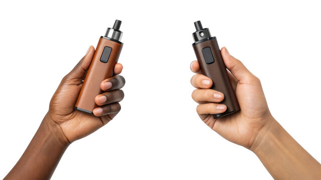 Two hands holding e cigarettes or vapes on black background