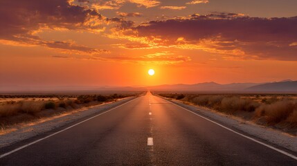 Naklejka premium Road to the Horizon - A Stunning Sunset Over a Desert Highway.