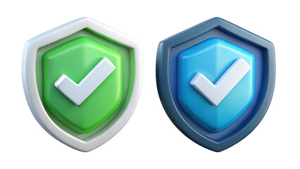 Green and blue shield icons with white checkmarks on black background