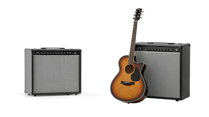 Acoustic guitar and two guitar amplifiers on black background