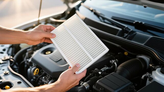 Cleaning airflow filters. Car air filter replacement clean engine maintenance repair hands holding new filter over engine compartment sunlight
