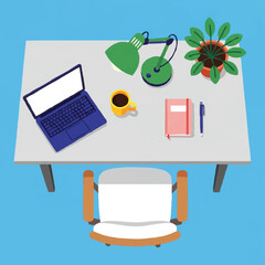 A neat and tidy workspace with a laptop, desk lamp, potted plant, and coffee cup, perfect for remote work or study