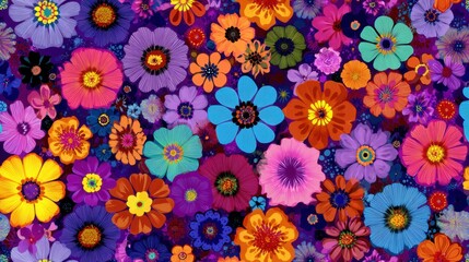Many flowers of different shapes and colors fill the scene. Bright shades blend together creating a lively and vibrant display. The arrangement includes purple orange blue and yellow flowers.