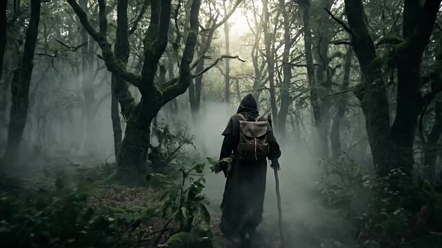 A solitary figure, cloaked and hooded, equipped with a backpack and a walking staff, embarks on a mysterious journey through a dense, ancient forest. The environment is bathed in an ethereal mist, wit