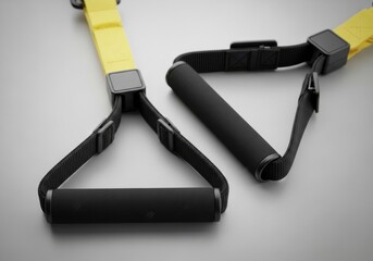 Suspension Trainer System Handles and Yellow Straps on White Background. Close-up of Functional Fitness Equipment for Workout Advertising.