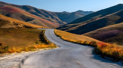 Scenic Winding Road Through Rolling Hills Under a Clear Blue Sky, Natures Beauty.