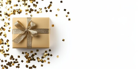  beautifully wrapped gift box adorned with a gold ribbon, surrounded by scattered golden confetti on a white background.