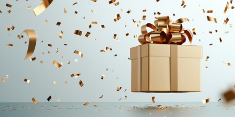  golden gift box floats amidst sparkling confetti, creating a festive and celebratory atmosphere.