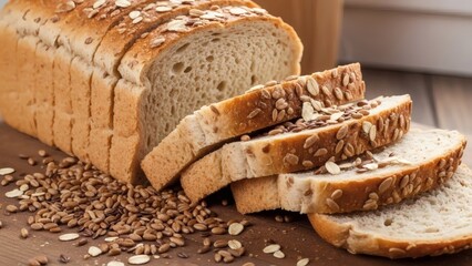 Freshly baked whole grain bread with seeds on wooden cutting board for National Wheat Bread Month