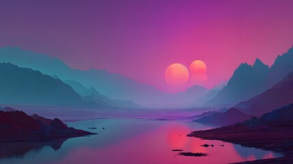 Serene Alien Landscape with Twin Suns and Reflective Waters.