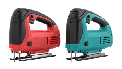 Two electric staple guns in red and blue on black background