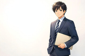 書類を持つ若いビジネスマンのアニメ風イラスト 白背景で余白のあるコーポレート・採用向け素材