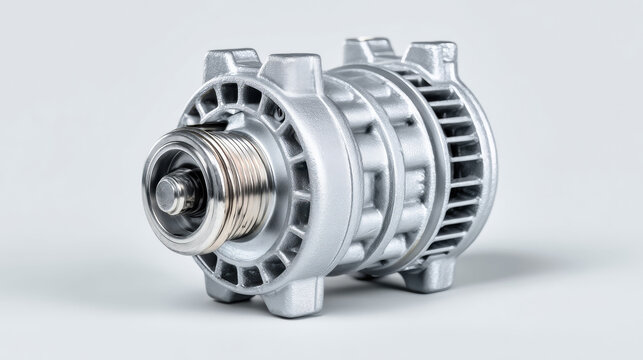 A detailed studio shot of a shiny, metallic car AC compressor, showcasing its intricate internal components and external mounting points against a clean white background.