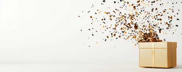 festive gift box bursts open, releasing colorful confetti into the air against a plain white background.
