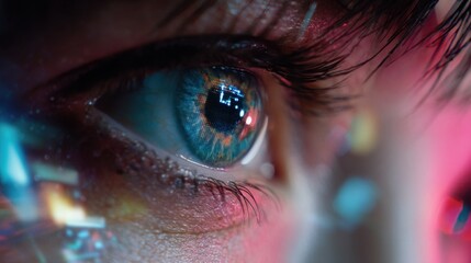 A close up of a person's eye with a blue iris and lashes. The eye is surrounded by a blurry background, giving the impression of a digital or computer-generated image