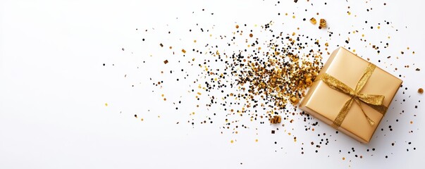  beautifully wrapped gold gift box spills colorful confetti, creating a festive and celebratory atmosphere on a clean white background.