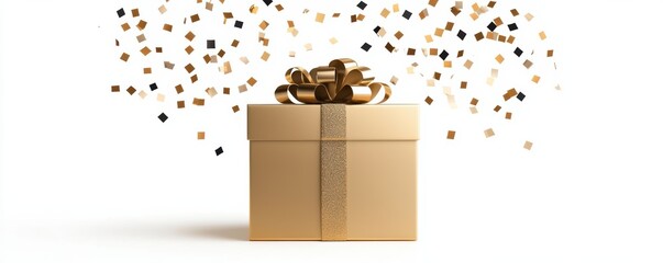  golden gift box with a ribbon, surrounded by shimmering confetti, symbolizing celebration and special occasions.