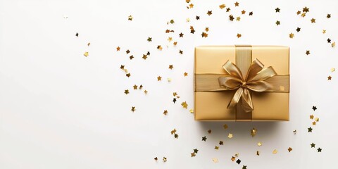  beautifully wrapped golden gift box with a ribbon, surrounded by scattered gold star-shaped confetti on a clean, white background.