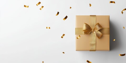  beautifully wrapped golden gift box surrounded by shimmering confetti, perfect for celebrations and special occasions.