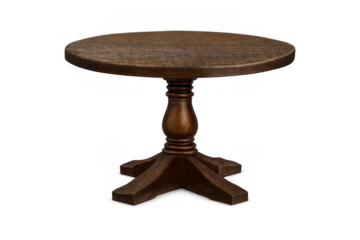 Round wooden top on a turned pedestal base. Dark brown wood creating an inviting furniture element, isolated on transparent