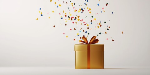  golden gift box with a vibrant ribbon is open, releasing colorful confetti into the air, creating a festive and celebratory atmosphere.