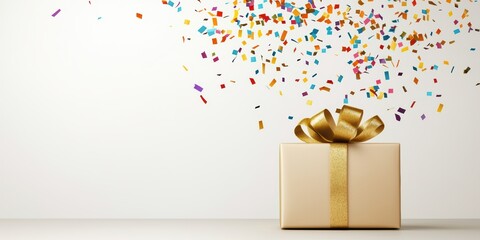 beautifully wrapped gift with a shiny bow, surrounded by colorful confetti in a festive atmosphere.