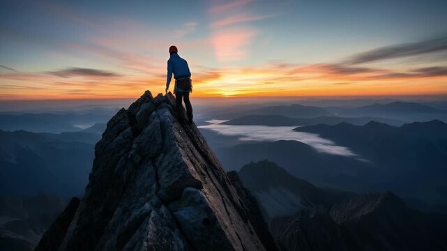 A solitary individual, clad in outdoor gear, skillfully ascends a majestic, jagged mountain peak, silhouetted against the breathtaking spectacle of a vibrant sunrise or sunset. The sky glows with warm
