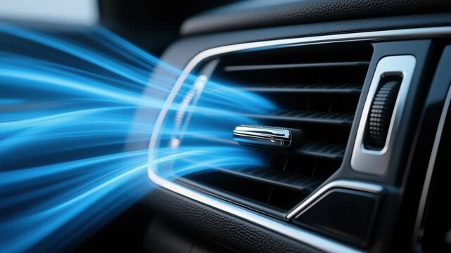 Cleaning airflow filters. Car air vent with cool blue airflow illustrating air conditioning cooling and air circulation inside vehicle interior cabin