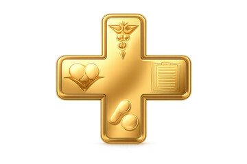 Fototapeta premium Golden medical cross symbol representing health and medicine with caduceus, hearts, clipboard, and pills, transparent background