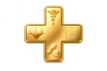 Golden medical cross symbol representing health and medicine with caduceus, hearts, clipboard, and pills, transparent background