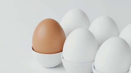 A striking visual representation of individuality, a single brown egg stands prominently amidst an array of pristine white eggs, all neatly arranged in matching white egg cups against a minimalist whi