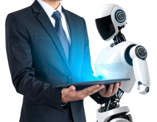 A businessman in a suit shares a tablet with a futuristic robot, both interacting with a glow