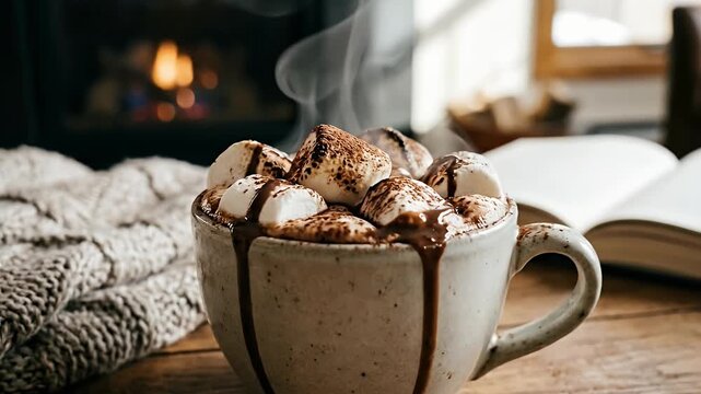 A steaming mug of rich, decadent hot chocolate, generously topped with fluffy marshmallows, melted chocolate drizzle, and a dusting of cocoa powder. This inviting beverage rests on a rustic wooden tab
