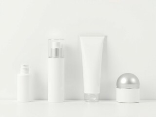 Minimalist collection of white cosmetic bottles and tubes on a clean white background