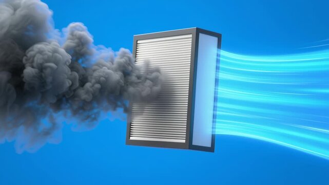Cleaning airflow filters. Air filter cleaning smoke pollution with blue airflow blue background showing fresh clean air and ventilation system concept