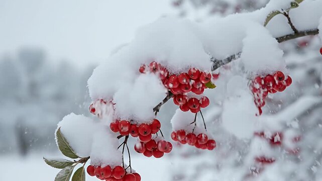 A stunning close-up captures vibrant red berries clustered on a branch, heavily blanketed with fresh, glistening white snow. The frosty scene evokes the crisp beauty of winter, showcasing the stark ye
