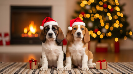 Adorable Puppy Pair in Festive Holiday Setting merry X-mas