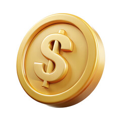 Shiny golden coin with dollar symbol isolated on transparent background