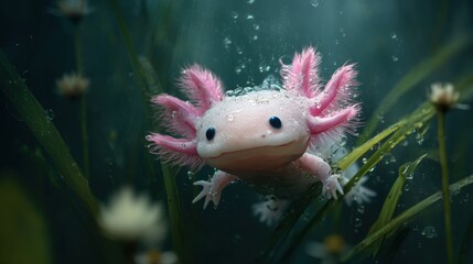 A pink and white amphibian is swimming in a pond. The water is murky and the grass is wet