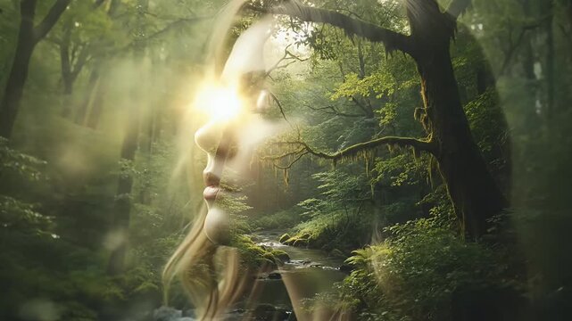 A stunning conceptual video features a serene woman's profile, intricately blended with a vibrant, sun-dappled forest scene through a captivating double exposure effect. Lush green trees, dense foliag