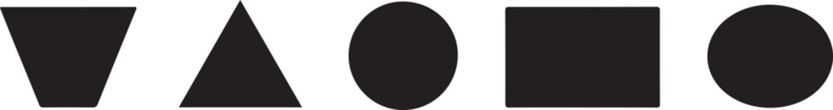 Black geometric shapes including a trapezoid, triangle, circle, square, and another circle in a row