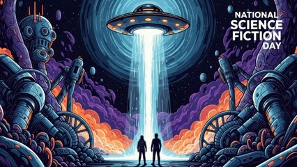 Celebrating national science fiction day with futuristic scene