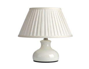 A classic table lamp against a black background. It features a pleated lampshade atop a glossy, ceramic base. Soft light potential