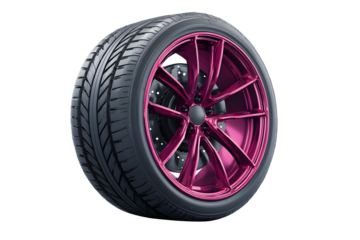 Black tire with wheel alloy isolated on cut out PNG transparent background. Transport vehicles transportation. Car wheels rim fluorescent purple chrome mag wheel black performance auto part decoration
