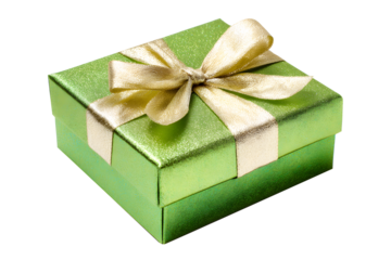 Angle color green gift box with cloth satin bow ribbon gold luxurious isolated on cutout PNG or transparent background. Festive holiday Christmas, happy new year, birthday. Festival very special time.