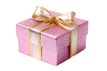 Angle color pink gift box with cloth satin bow ribbon gold border isolated on cutout PNG or transparent background. Festival very special time. Festive holiday Christmas, happy new year, birthday.