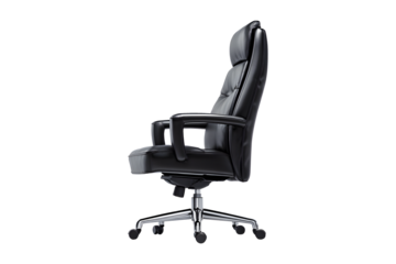 Empty office leather chair black leather luxurious senior executives for meeting room isolated on cutout PNG or transparent background. Decoration place in living room. Modern interior decoration.