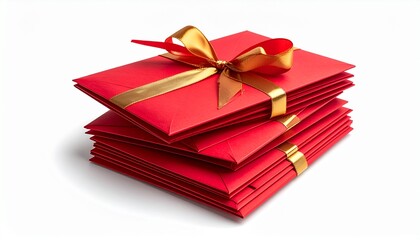 Stack of red envelopes tied with a gold ribbon symbolizes giftgiving, chinese new year, financial prosperity. Perfect for festive designs.